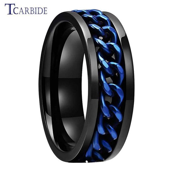 Anillos de banda Dropshipping 8mm Negro Azul Girar Anillo Hombres Mujeres Moda Joyería de acero inoxidable con incrustación de cadena en stock 240125