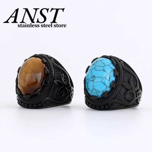 Anneaux de bande Livraison directe mode 2023 nouveau acier inoxydable rond oeil de tigre bleu pierre anneau pour homme femmes couleur noire turc bijoux Couple 240125