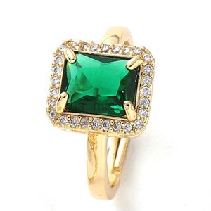 Anneaux De Bande Élégant Anneau D'émeraude pour Femmes Réglable De Luxe Or Couleur Incrusté Carré Vert Zircon Anneaux De Mode Vintage Esthétique Bijoux J230531