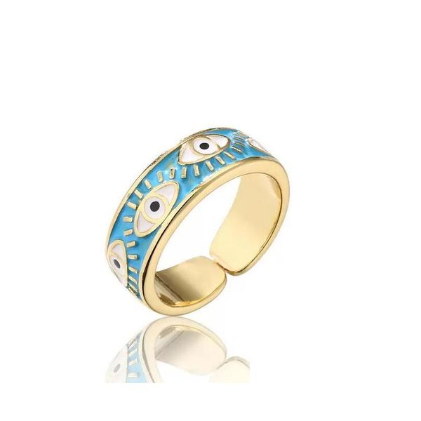 Anillos de banda, anillo de ojo malvado esmaltado, joyería de cobre ajustable chapada en oro para mujer, regalo, 5 colores, envío directo 2021 Dhwhw