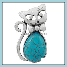 Bandringen Europa en Amerika Ring Green Pine Ancient Sier Retro Bow Kitten Shape Turquoise vrouwelijke druppel levering sieraden DHSW7