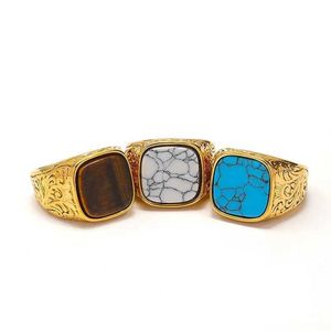 Bagues de bande Tendance européenne et américaine, motifs sculptés rétro plaqués avec bague turquoise incrustée d'or 18 carats, taille 7-13 J240326