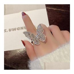 Bandringen overdreven FL Diamond Opening Ring Hollow Out Butterfly For Women Drop Delivery Sieraden DHWQS