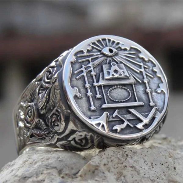 Anillos de banda EYHIMD Anillo masónico de acero inoxidable 316L para hombre Anillos con símbolos masónicos para hombres Masonería masculina Caballeros Templarios Joyería Regalos 240125