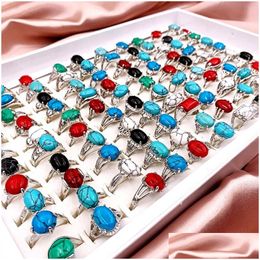 Band Rings Mode 30 pièces/lot à motifs Turquoise gemme Pinestone bande anneaux Style bohème mixte Siery amoureux femmes et hommes rétro Weddi Dhe9H