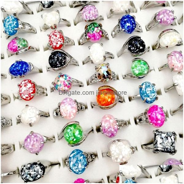 Anillos de banda Fashion 30pcs/lote 100% Natural Gemstone Ring Vintage Sier Shell Broken Metal Fit Women and Men Charm Jewelry Party D Dhwjd