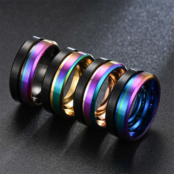 Anillos de banda Moda 8 mm Anillos de acero inoxidable para hombres Groove colorido Borde biselado Anillos de boda de tungsteno para hombres Regalos de joyería de aniversario G230213