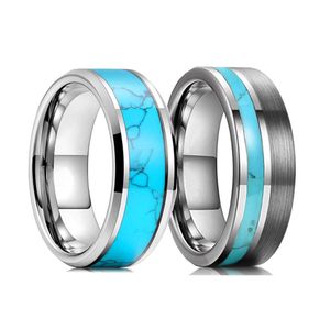 Bandringen mode 8mm mannen zilveren kleur wolfraam trouwring blauw turquoise steen ingelegde gepolijste platte ring voor mannen trouwband sieraden aa230417