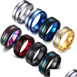 Anelli a fascia Moda 8Mm Anelli in acciaio inossidabile da uomo Colorf Groove Bordo smussato Anello di fidanzamento per matrimonio Gioielli anniversario Goccia Del Dhga Otl3A