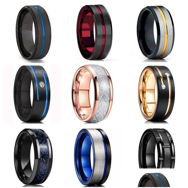 Anillos de banda Moda 8 mm Anillo de carburo de tungsteno Negro Dragón celta Azul Fibra de carbono Hombres Boda Drop Entrega Joyería OTV0Z