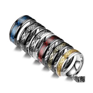 Bandringen mode 8 mm trouwring voor mannen vrouwen retro Celtic Dragon Inlay Red Carbon Fiber Grootte 613 Drop Delivery Sieraden Otsud