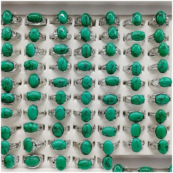 Anneaux de bande Charme de mode 20 pièces/lot anneaux de bande Turquoise anneau de pierre naturelle verte Fit femmes hommes Malachite bijoux cadeau Drop Delive Dhp74