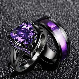 Bands Anneaux Couple de mode Anneau romantique femme coeur violet ramine zircon masculin en acier inoxydable bijoux Q240429