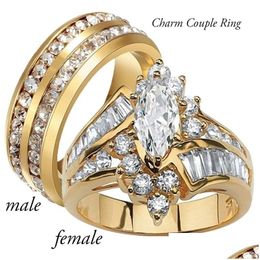 Anneaux de bande Mode Couple Anneaux Femmes Marquise Cut Crystal Ring Mens Deux Rangées Cz Pierre Bijoux En Acier Inoxydable Pour Les Amoureux Dr Dhgarden Otwl3