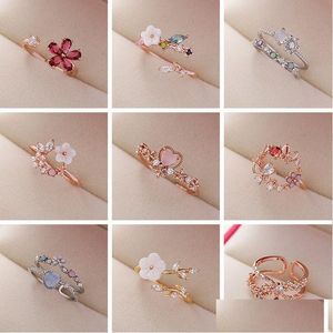 Anneaux de bande Mode Cristal Zircon Anneaux Doux Fleur Feuille Papillon Réglable Ouvert Femme Mariage Fiançailles Bijoux Cadeau D Dhgarden Othsl