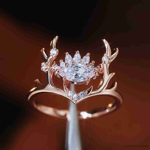 Bandringen mode -eland Crystal Women Rings Rose Gold Color Cute Antler Wedding Engagement Party Rings sieraden