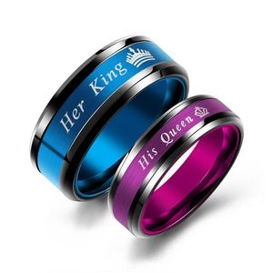 Bande Anneaux De Mode Son Roi Et Sa Reine Couples En Acier Inoxydable Couronne Bleu Violet Bague Pour Femmes Hommes Bijoux Saint Valentin Dhnrb