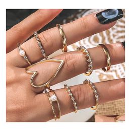 Bandringen mode -sieraden Faux Pearl Rhinstone Crown Hollow Love Ring Set Knuckle 9pcs/Set Drop Delivery DH0HO