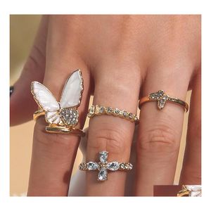 Band ringen mode sieraden knokkel ring strass bloemen vlinder set 4pcs/set drop levering dh7iu