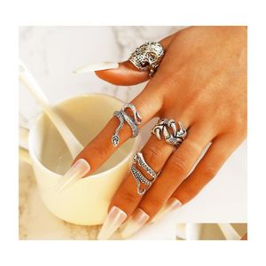 Anillos de banda Joyería de moda Conjunto de anillos de nudillo Retro Sier Skeleton Octopus Snake Punk Stacking Midi Sets 4pcs / Set Drop Entrega DH6PE