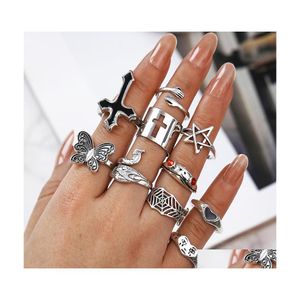 Bandringen mode sieraden knokkel ring set retro overdreven kruiskikker pauw vlinder kreet huilen gezicht enorm hartstapelen midi sets dr dhl0z