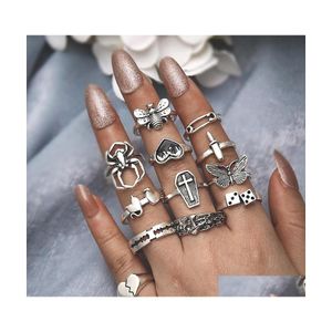 Anillos de banda Joyería de moda Conjunto de anillos de nudillos Retro Amor Mariposa Araña Hongo Corazón Abeja Cruz Anillos de apilamiento geométricos Conjuntos midi Dhaqe