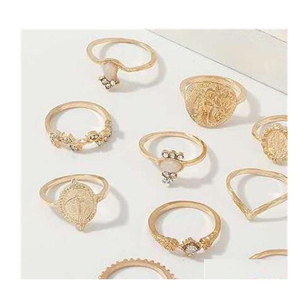 Anillos de banda Joyería de moda Conjunto de anillos de nudillos Cruz de oro Corazón Fátimas Palma Apilamiento Conjuntos midi 15pcs / set 63 U2 Entrega de gota DHDFB