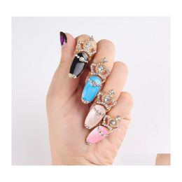 Anillos de banda Joyería de moda Anillo de uñas de metal Corona ahuecada Rhinstone Color Esmalte Uñas Belleza Gota Entrega Dh7Vn