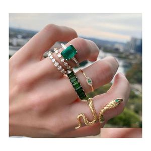 Bandringen mode -sieraden retro knokkel ring set groene rhinstone slake evil eye 6pcs/set drop levering dhkjv