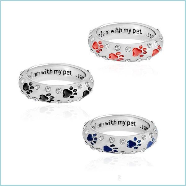 Anillos de banda Moda Metal Rhinestone Estampado a mano Paw Printwhen I Am With My Petdog Animal Pet Rings Foot Print Drop Delivery 2022 Je Dhlhg