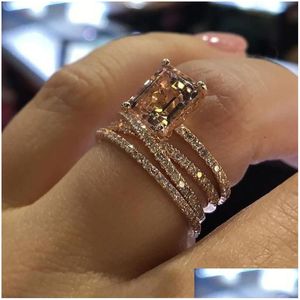 Anillos de banda Moda Mtilayer Morganita Color oro rosa Joyería de boda Anillo de piedra de cristal de champán Bague para mujeres Días de la madre Regalos Dhg9V