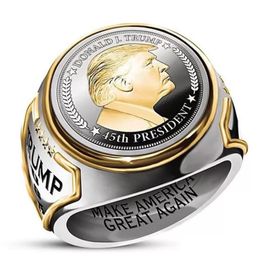 Anneaux de bande Personnalité de la mode Deux tons Us Trump Statue Anneaux commémoratifs pour hommes Coin Haute Bijoux Parti Supporter Punk Cadeau Drop Dhcuw