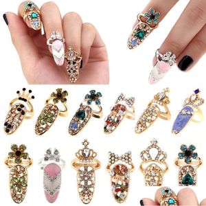 Bande Anneaux Mode Strass Mignon Bowknot Doigt Ongle Anneau Charme Couronne Fleur Cristal Personnalité Féminine Art Redimensionnable Knuckle Partie Dhzgq