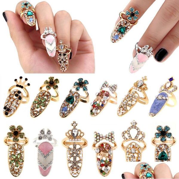 Anillos de banda Moda Rhinestone Lindo Bowknot Dedo Anillo de uñas Encanto Corona Flor Cristal Personalidad femenina Arte Redimensionable Nudillo Parte Dhzgq