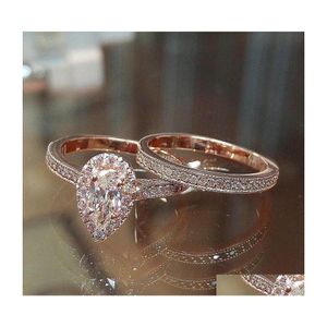 Anillos de banda Moda Diseño chapado en oro rosa 2 piezas Cz Mujeres Compromiso Anillo de bodas Conjunto Entrega de gota Joyería Dhdzs