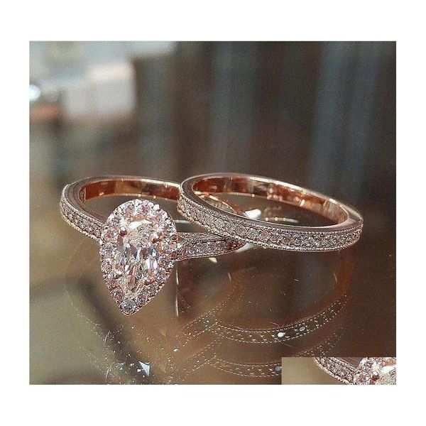 Band anneaux mode rose rose plaqué design 2pcs cz women fiançailles anneau de fiançailles