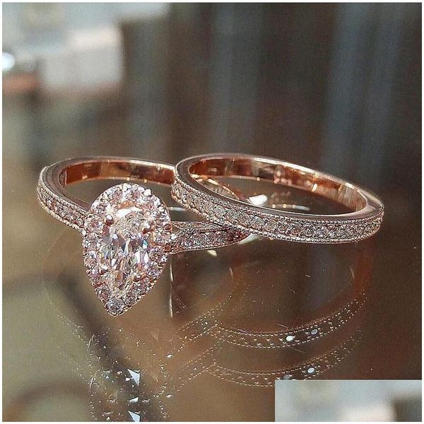 Anillos de banda Moda Rose Chapado en oro Nuevo diseño 2pcs Cz Mujeres Compromiso Anillo de boda Conjunto Drop Entrega Anillo de joyería DHKJG