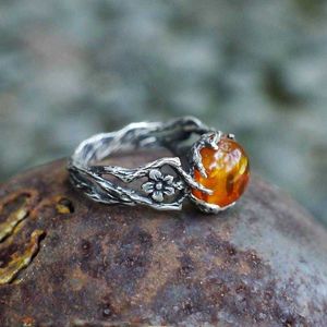 Bandringen Fashion Woman Amber Stone Ancient Silver Color Ring Vintage Flower Branch Sieraden Wedding Party Band AA230417