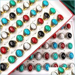 Anillos de banda Moda 30 PCS / Set Gem Pinestone Turquesa Anillos de banda Retro Bohemia Estilo Charm Mix Metal Tamaño grande Hombres y mujeres Beauti DHHDB