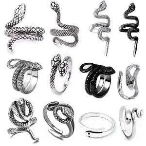 Anneaux de bande à la mode antique en argent metal punk ouvert ajusté design serpent animal exagéré anneau doigt femme bijoux de fête Q240427