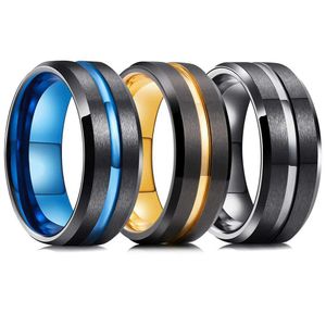 Bandringen modieuze heren 8 mm zwarte wolfraam trouwring blauw gouden groove afgeschuinde rand roestvrijstalen verloving Q240429