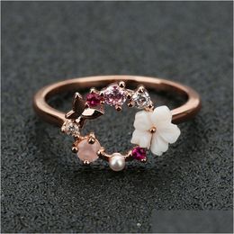 Bandringen Vrouwelijke trouwring Sieraden Vlinderbloemen Echt roségoud Dame Mix Maat 5 tot 10 Droplevering Dhojo