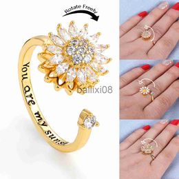 Band Ringen Fidget Anti Stress Angst Ringen voor Vrouwen Roestvrij Staal Vergulde Draaibare Sun Star Evil Eye Zonnebloem Spinner Ringen J230719