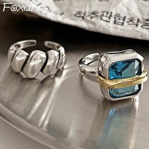 Anneaux de bande Foxanry mode bleu Zircons bagues de fiançailles pour femmes Couples Vintage à la main irrégulière géométrique fête bijoux cadeaux 231024