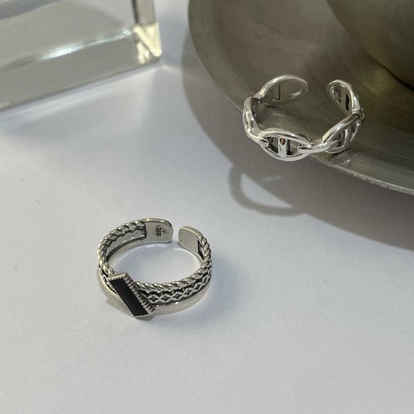 Bagues de bande corps complet en argent sterling 925 fabriqué en vieux nez de cochon anneau d'ouverture pour hommes et femmes anneau de nourriture en zircon noir Ins Niche Internet Sensation X9kk