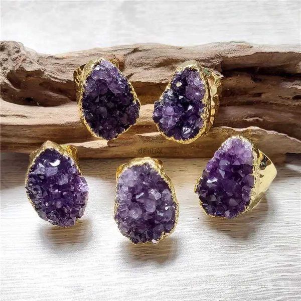 Anillos de banda Fuwo Amethysts crudos al por mayor Garfo Ringunusual Design Bohemian Healing Crystal Rings Regal 5pcs/Lote RG043L240105