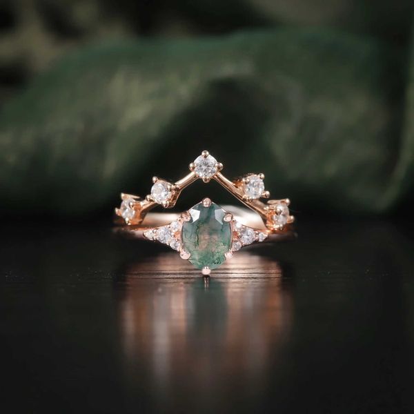 Anneaux de bande Ballet de Ballet Vintage Moss Agate Ring Set 925 Sterling Silver Engagement Ring Unique Chevron Cluster Bridal Wedding Band Set Ringl240105