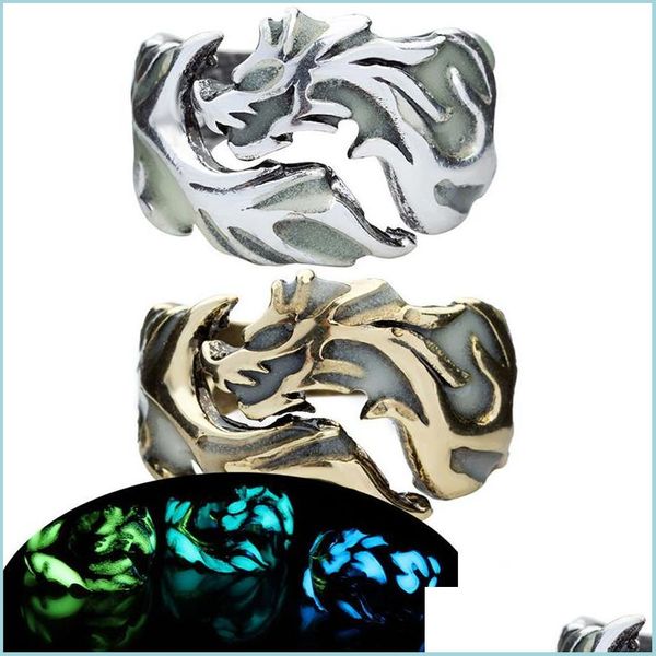 Anneaux de bande Glow In The Dark Dragon Ring Fluorescent Lumineux Anneaux de Lumière Bande Hip Hop Bijoux De Mode Pour Femmes Hommes Drop Livraison Dhwpw