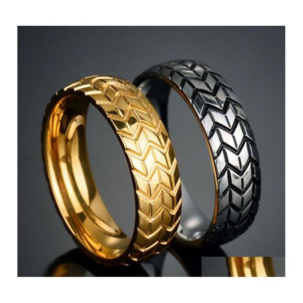 Anillos de banda Gold Sier Neumático de acero inoxidable para hombres Hip Hop Punk Biker Ring Drop Delivery Jewelry Otbqj