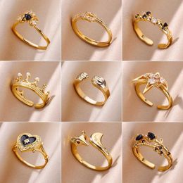 Bandringen gouden roestvrijstalen ring geschikt voor vrouwen prachtige zirkoon kroon hartvormige anillos open verstelbare ring sieraden bruiloft cadeau nieuw Q240427